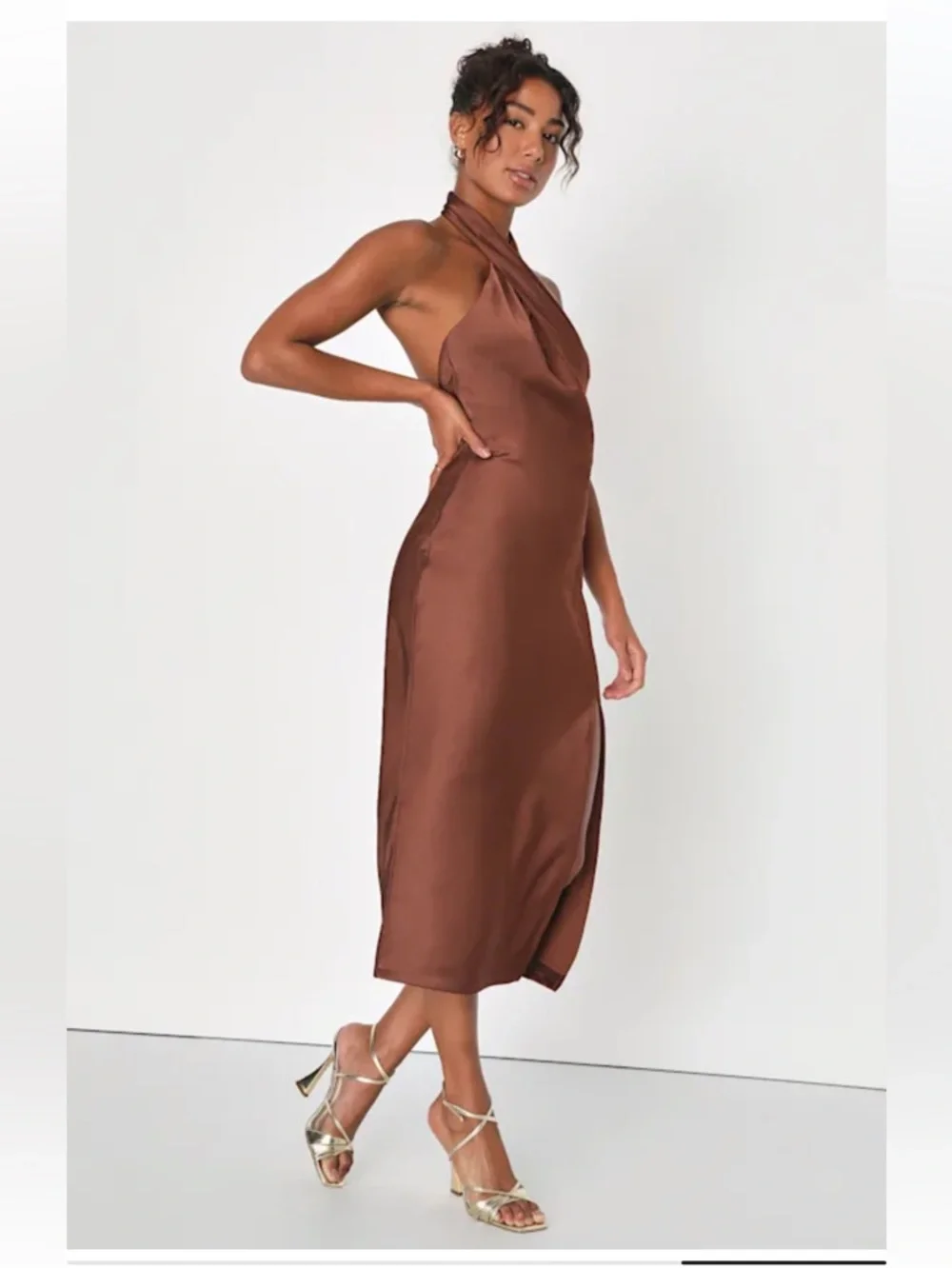 NWT Lulus Beyond Classy Brown Satin Halter Midi Dress - Picture 4 of 7